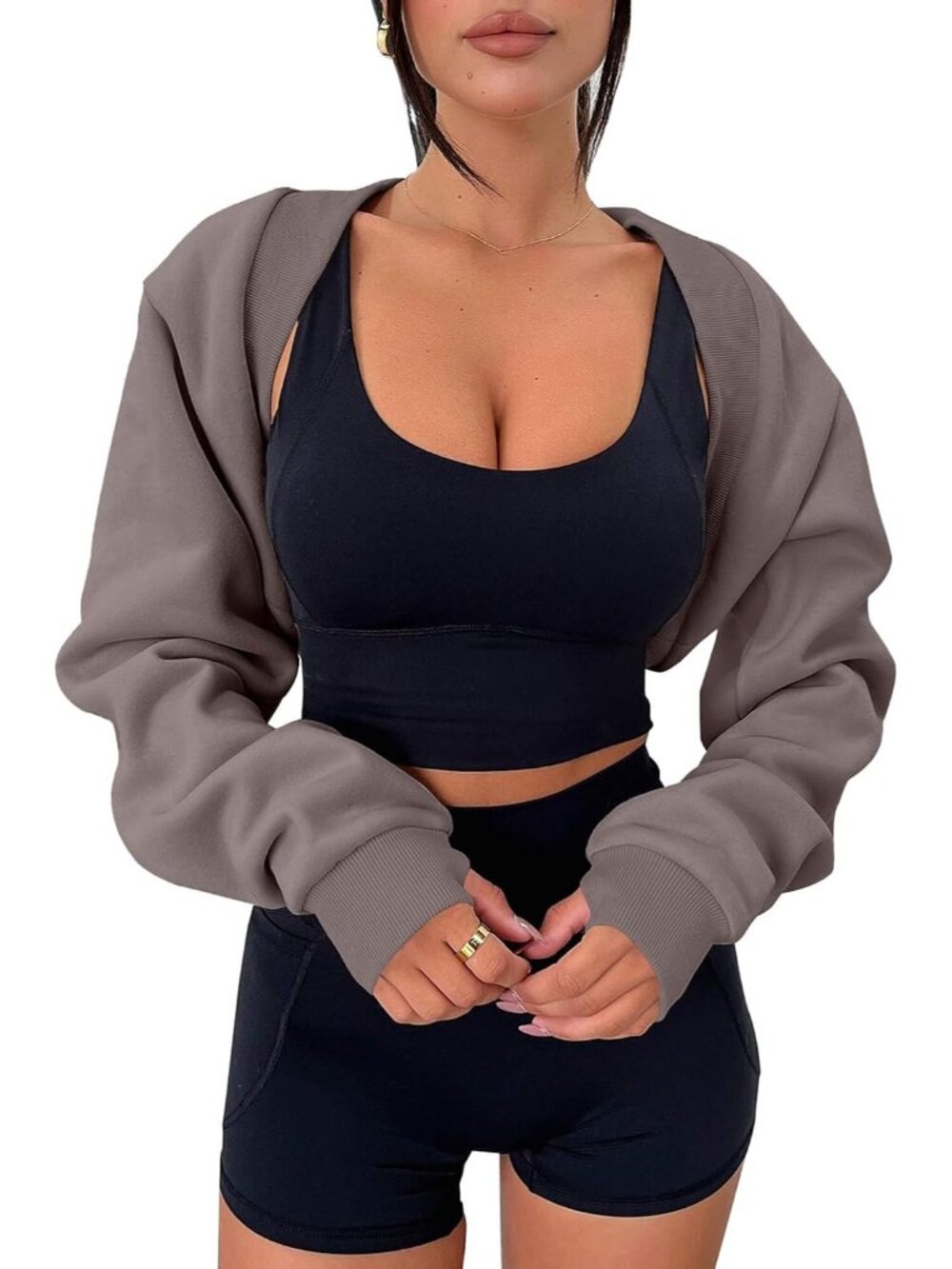 〽️Women’s Brown Bolero Shrug Cropped Sweatshirt Long Sleeve Thumb Hole Y2K Top